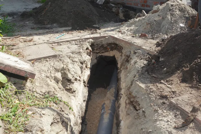 Exposed underground sewer pipe during repair for A failed sewer pipe removed in Prescott Valley, AZ