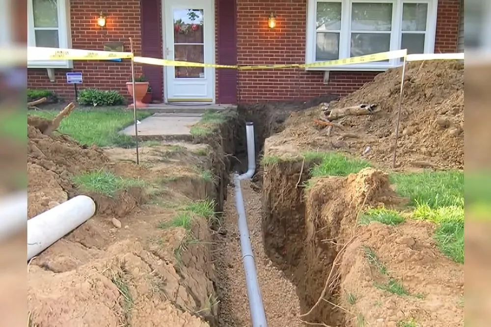 Open yard trench for sewer line replacement for Sewer line replacement in Prescott Valley in Prescott Valley, AZ