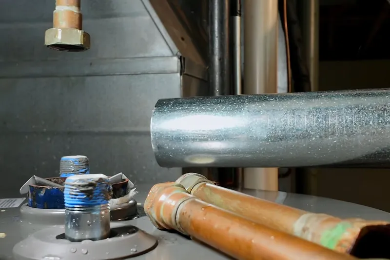 Residential water heater with visible plumbing connections for A gas line and sediment trap in Prescott Valley, AZ