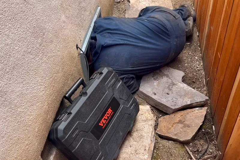 Technician checking a hidden plumbing leak in a wall or crawl space for A private well system